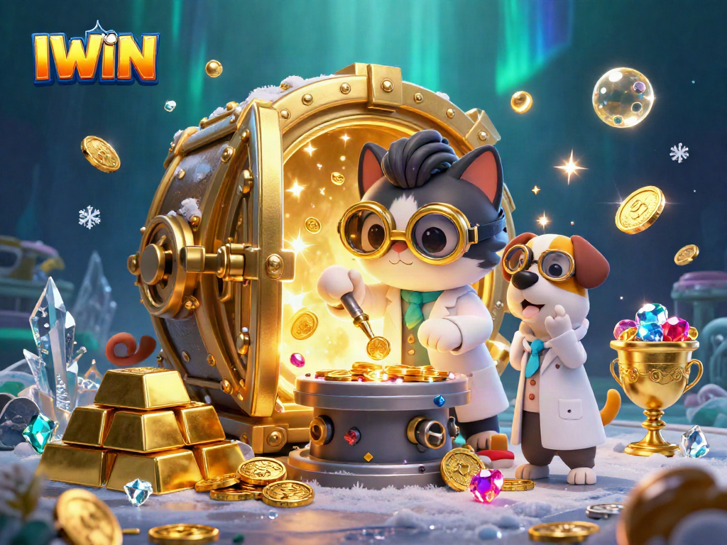 Play exciting casino games with IWIN featuring gold coins, gems, and a fun animated laboratory scene.