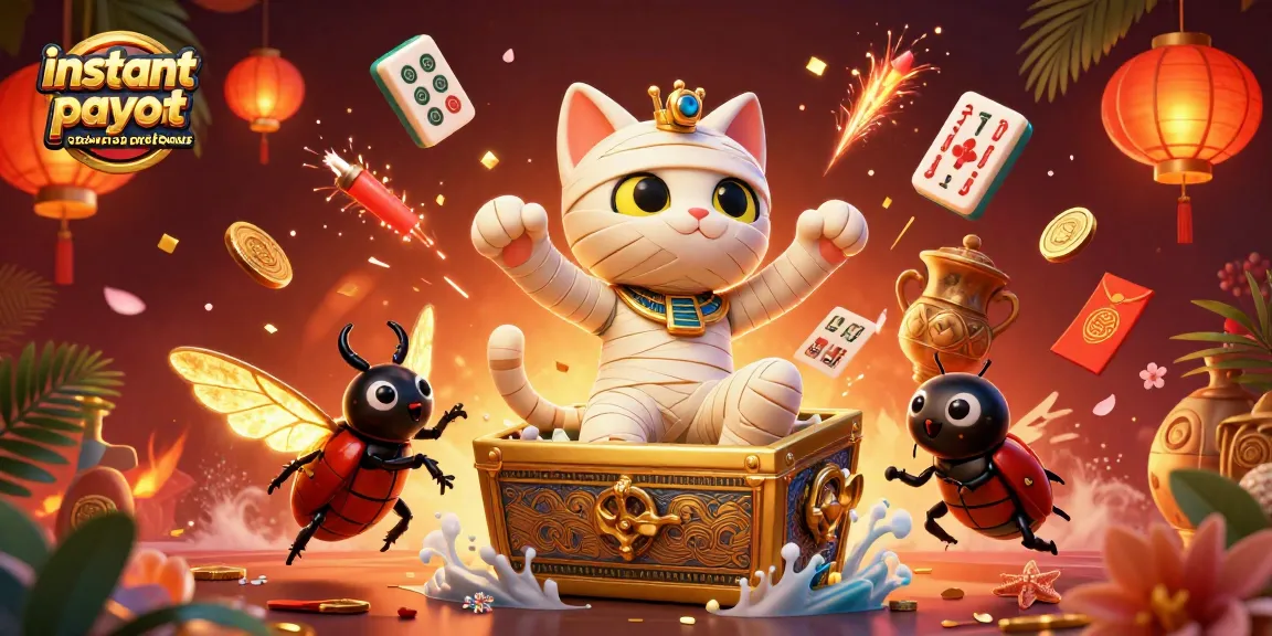 Experience instant payout casinos no deposit bonus with vibrant 3D illustration of a mummy cat and golden scarab