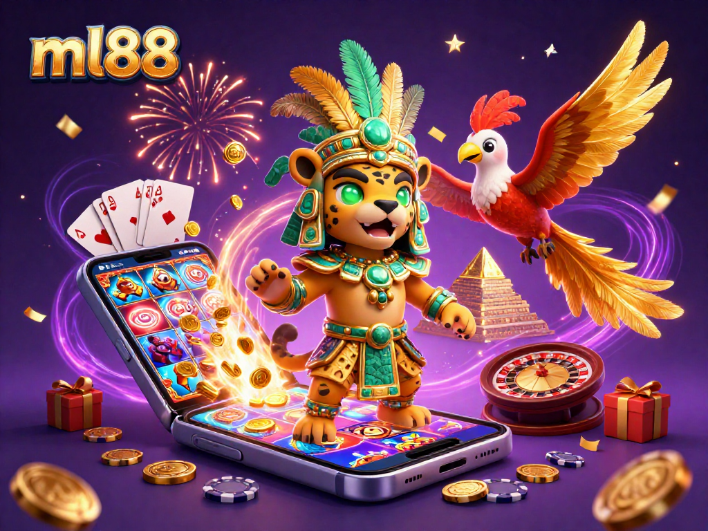 Experience the thrill of ml88 with a lively 3D casino scene featuring a jaguar priest, quetzal bird, and slot games.