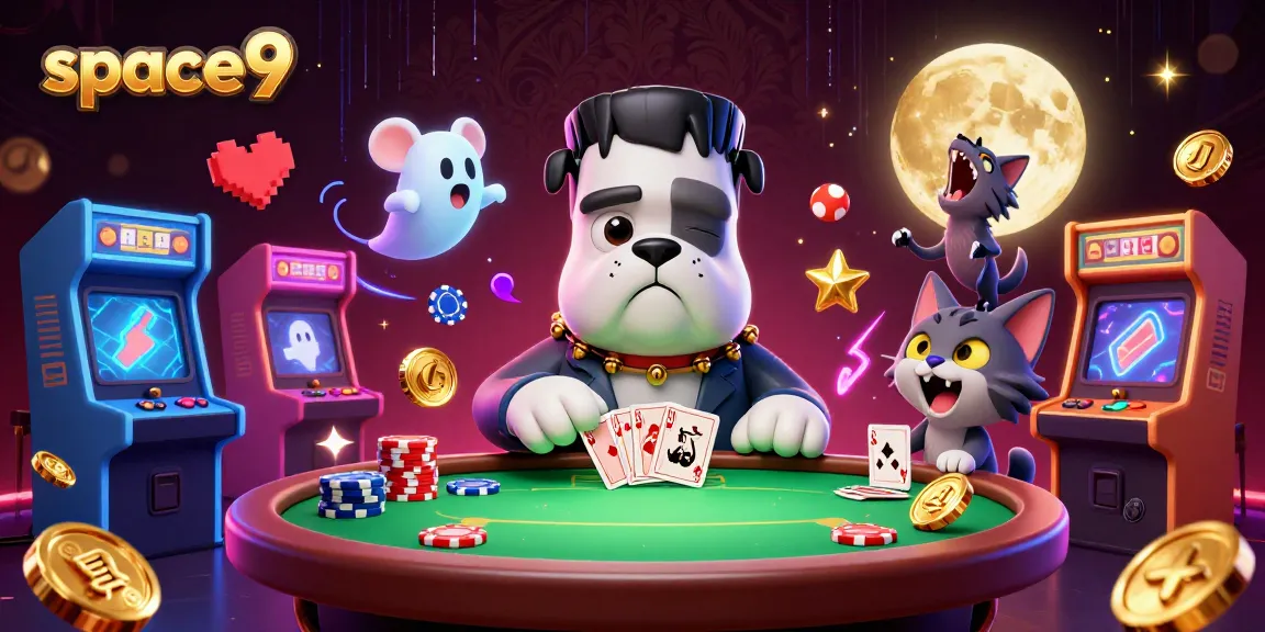 Experience thrilling poker action with the colorful space9 characters in a vibrant casino setting.