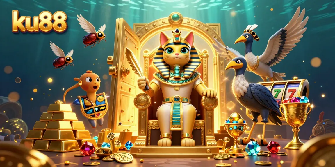 Engage with ku88 in a vibrant 3D casino scene, featuring Egyptian characters and slot elements.