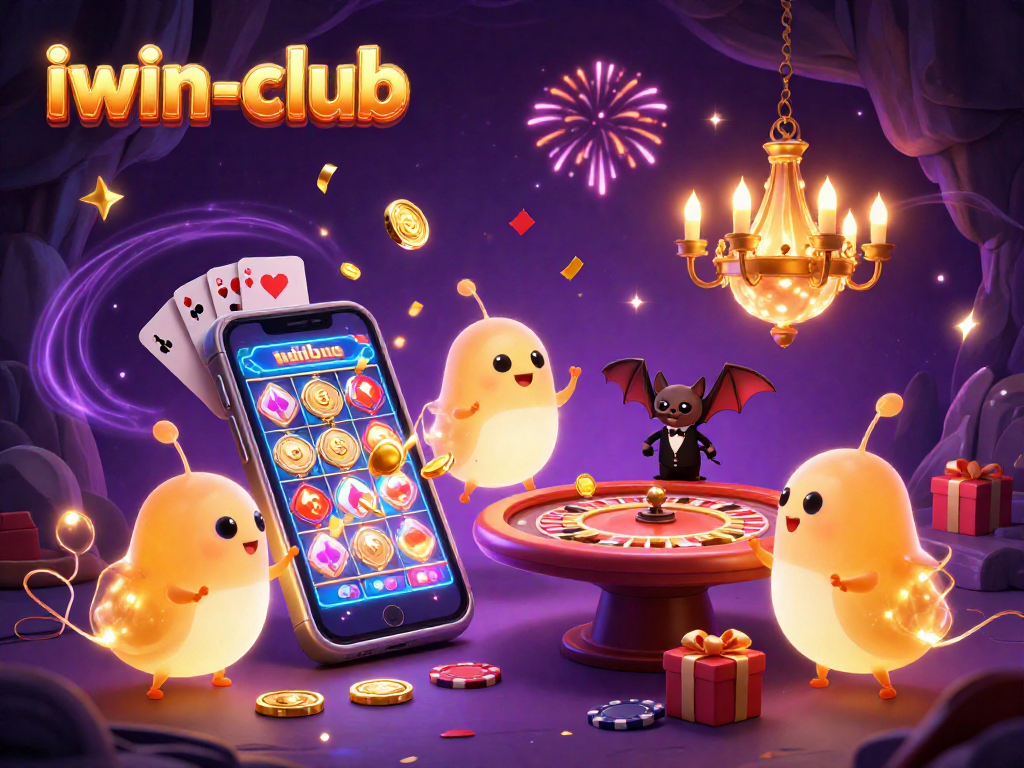 Experience the excitement of iwin-club with glowworms illuminating a vibrant cave casino, showcasing thrilling games.