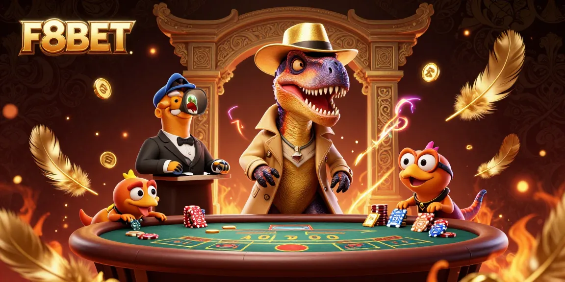 Engage in vibrant, thrilling gameplay at F8BET with a lively blackjack scene featuring cartoon dinosaurs.