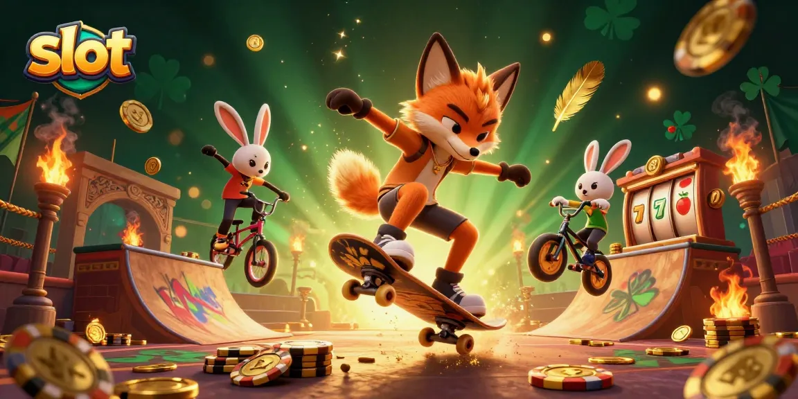 Spin and win with the dynamic slot-themed scene featuring a skateboarder fox and BMX rabbit.