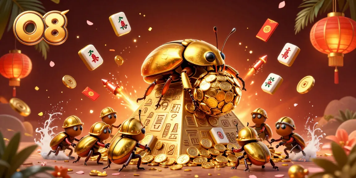 Experience O8's thrilling casino adventure with golden beetles and festive elements in a vibrant scene.