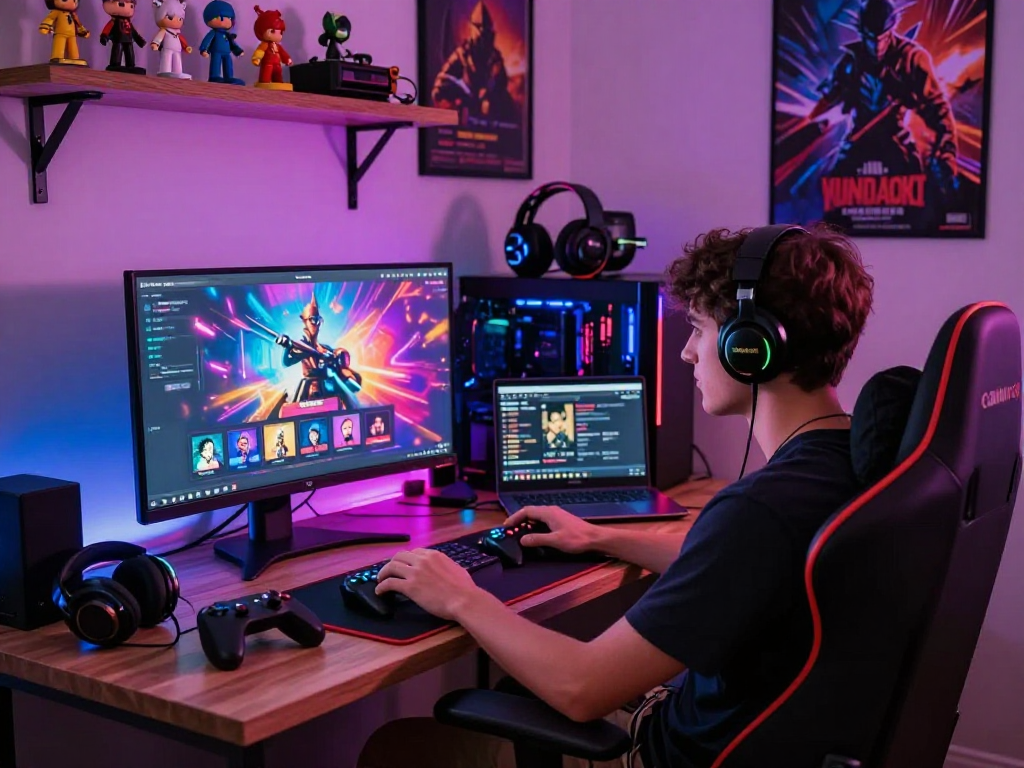 Engaging scene of a gamer playing porn games html on a vibrant monitor amidst gaming gear.