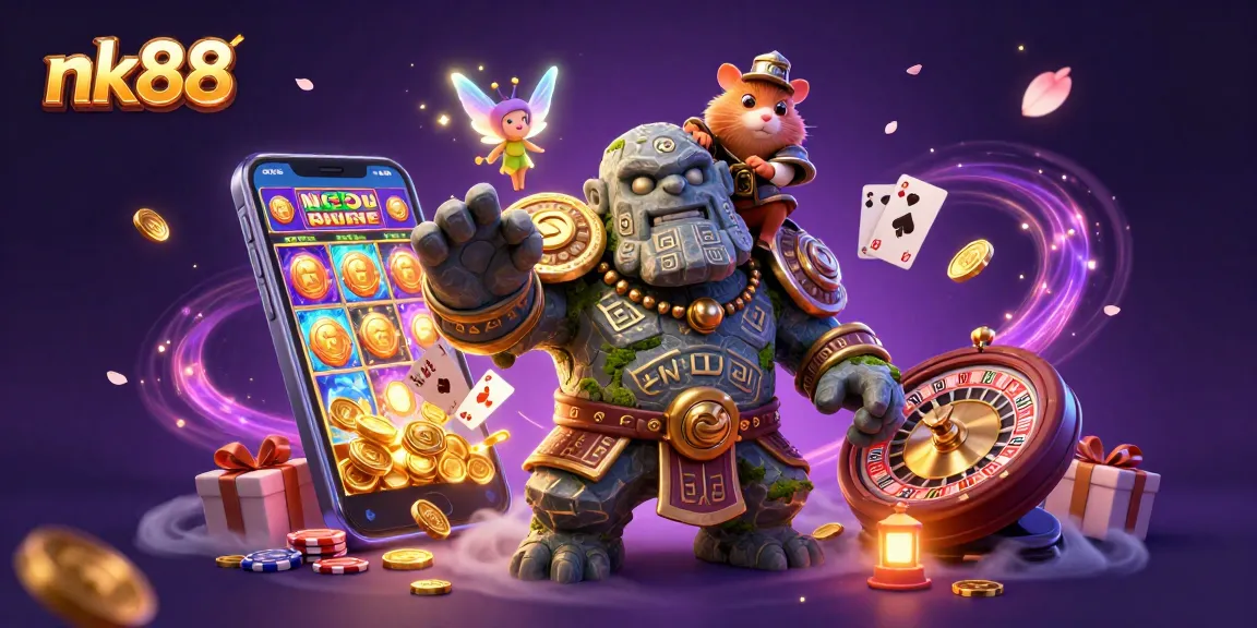 Experience thrilling slot action at nk88 with a mystical golem and magical elements.