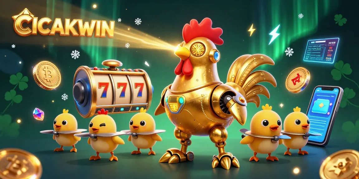 CICAKWIN promotes winning slot strategies with a futuristic golden rooster robot and baby chick drones amidst vibrant casino elements.