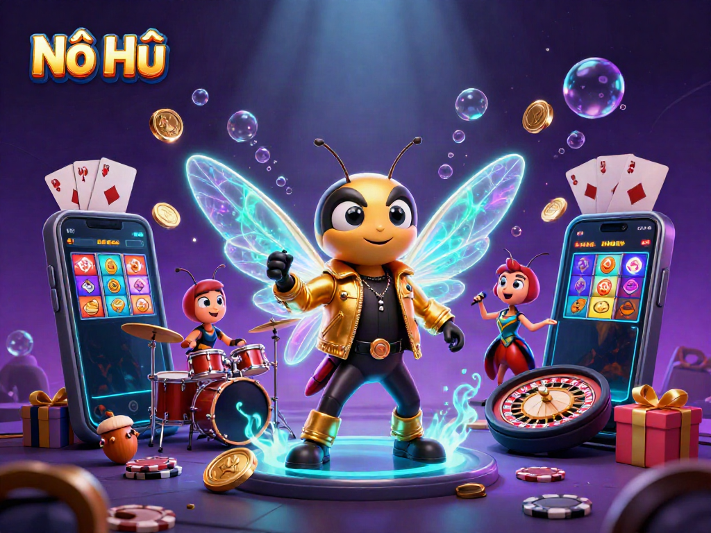 Experience Nổ Hũ with a vibrant rock star scene featuring colorful slot games, golden coins, and exciting casino elements.