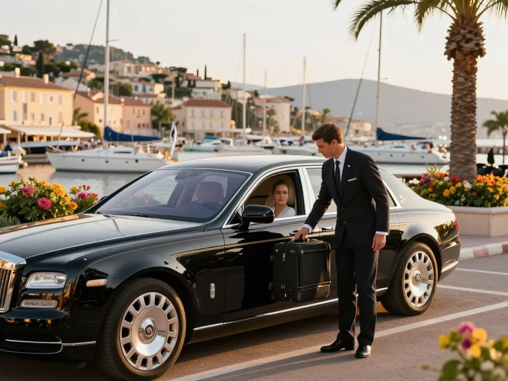 Service de taxi St Tropez de luxe avec un chauffeur professionnel aidant un client au port.
