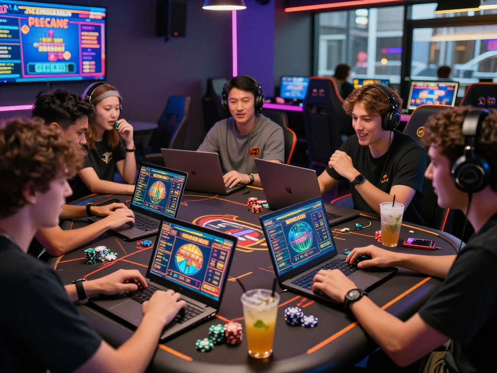 rokok88 gaming scene with players enjoying online casino entertainment in a lively atmosphere