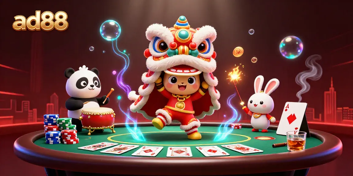 Win big at ad88 with a lively lion dance and dynamic poker scene, showcasing vibrant casino elements.