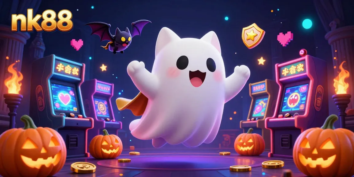 Win big at nk88 with a vibrant, haunted casino-themed illustration featuring friendly characters and glowing game elements.