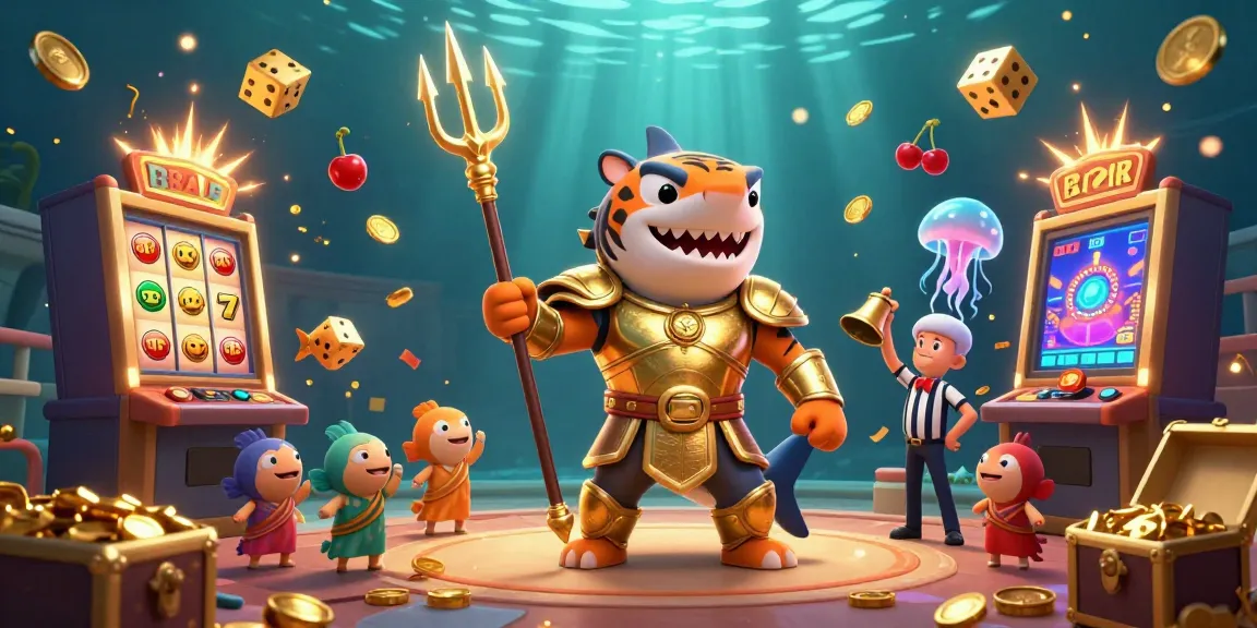Experience the thrilling world of cakhiatv with a colorful 3D casino scene featuring a tiger shark and vibrant slot machines.