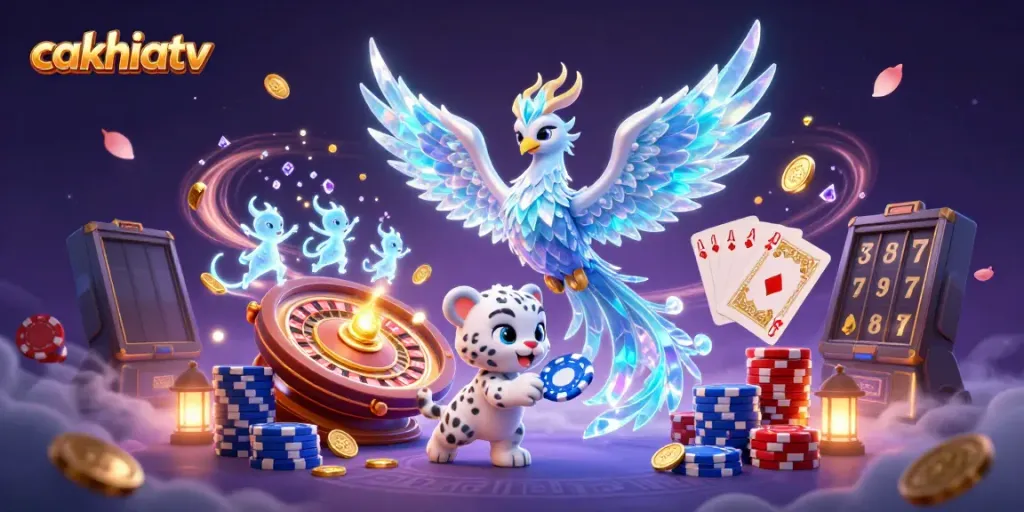 CakhiaTV showcases an enchanting ice-themed casino scene with a phoenix and poker elements.
