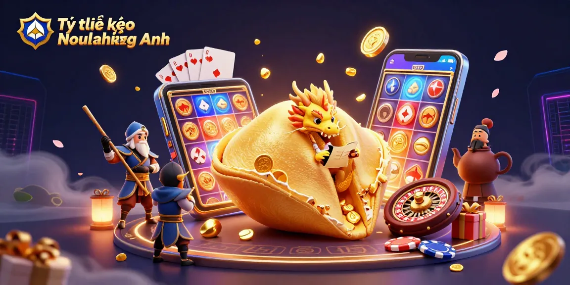 Tỷ lệ kèo Ngoại hạng Anh in vibrant 3D illustration showcasing a fantasy scene with casino elements and characters.