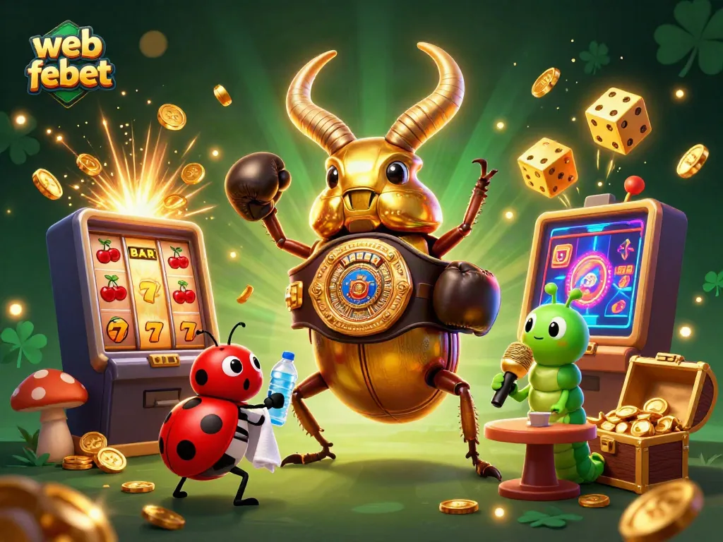 Experience the action of web febet with a dynamic 3D illustration of a golden stag beetle boxing champion amidst casino excitement.