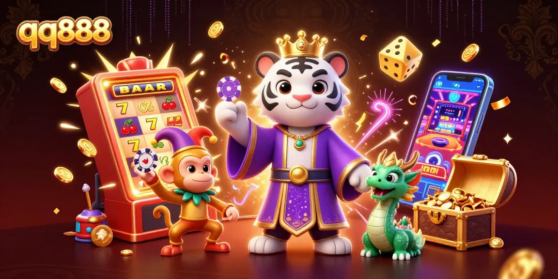 Engage with the thrill of qq888 as the white tiger and monkey celebrate a jackpot explosion in this vibrant casino scene.