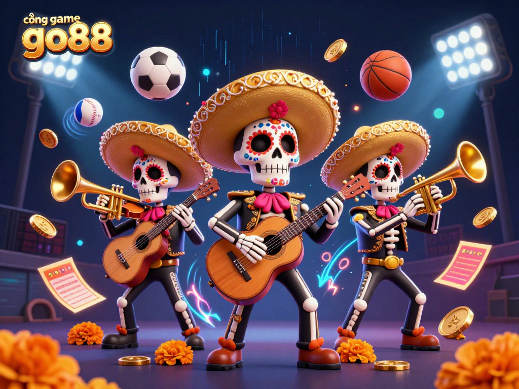 Experience cổng game go88 with a vibrant 3D mariachi band illustration amidst dynamic sports elements