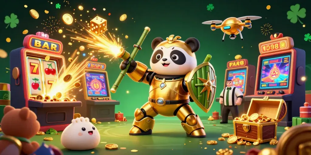 Experience the excitement of F98 with a vibrant casino illustration showing a golden panda in a mech-suit surrounded by jackpots and cheering spectators.