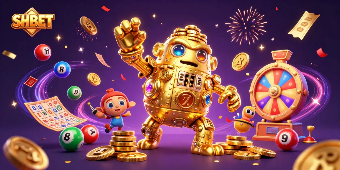 Engage with SHBET's thrilling experience featuring a golden golem animated with vibrant gambling elements.