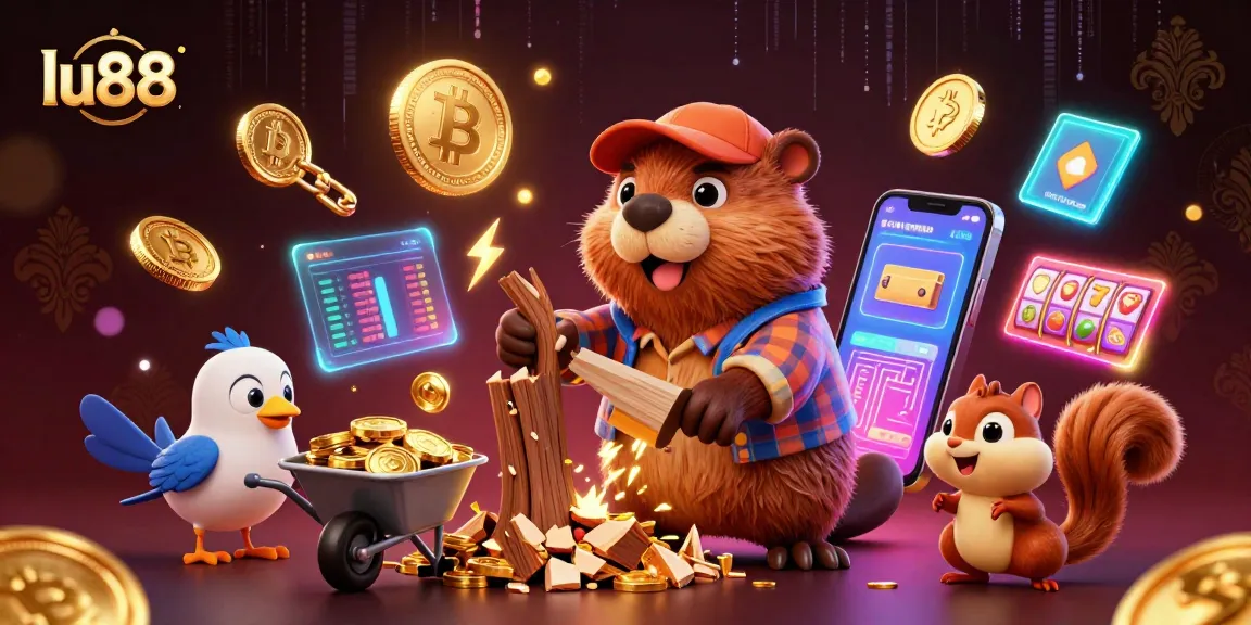 Experience casino excitement with lu88's playful characters amidst glowing crypto coins.