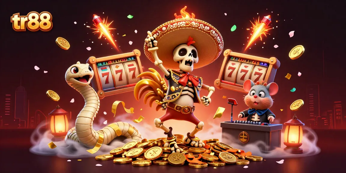 Experience the excitement of tr88 with a vibrant 3D illustration of festive characters amidst a jackpot theme.