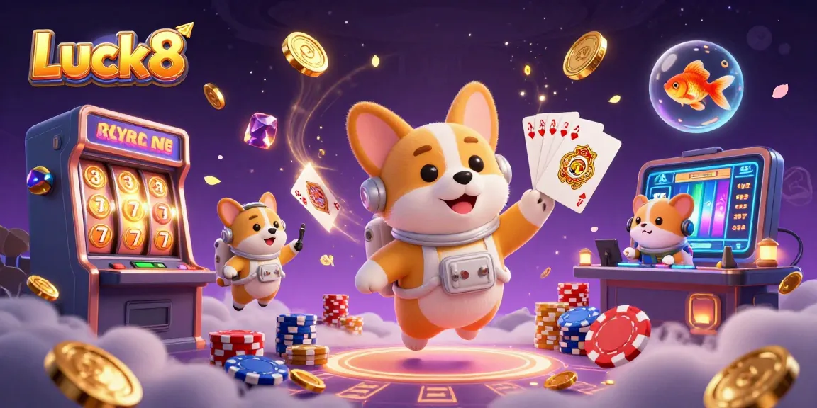 Experience the excitement of Luck8 with a floating corgi astronaut in a dynamic casino scene filled with games and riches.