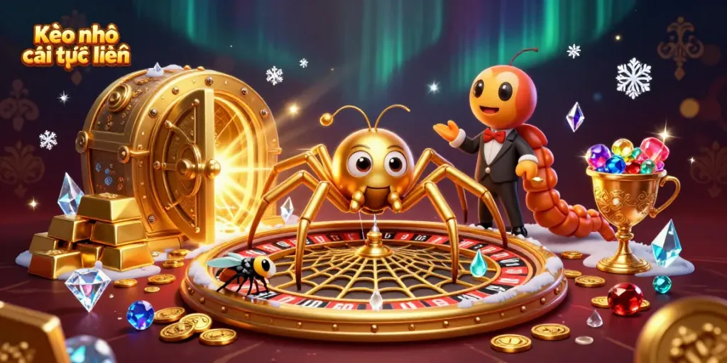 Experience the thrill of Kèo nhà cái trực tuyến with our animated golden spider and croupier in a vivid casino setting.