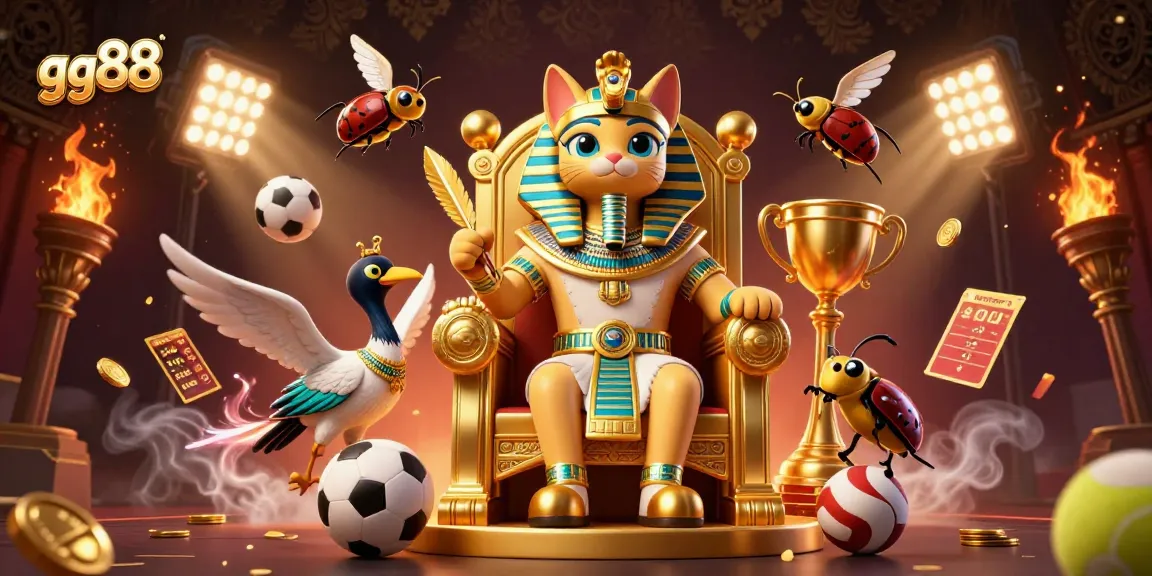 Bet on gg88 with 3D cartoon Egyptian pharaoh cat in a vibrant casino scene filled with golden elements.