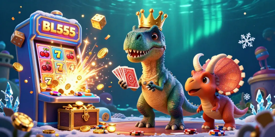 Experience the excitement of BL555 casino with a T-Rex shuffling cards and a jackpot explosion in a vibrant 3D scene.