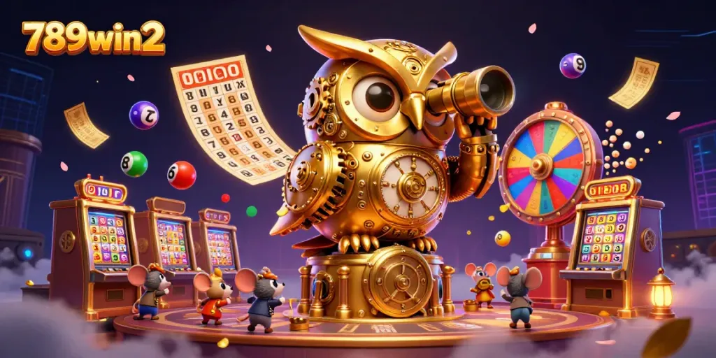 Play exciting casino games with 789win2 alongside a whimsical golden owl and vibrant lottery elements.