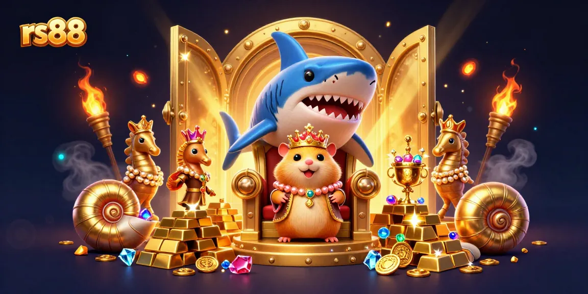 Experience the excitement of rs88 with a golden hamster king on a megalodon throne in a vibrant casino scene.