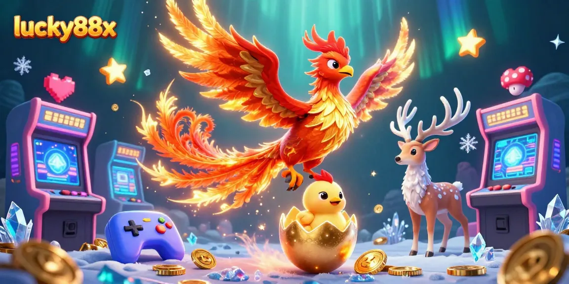 Experience thrilling action with lucky88x's vibrant casino scene featuring a phoenix and colorful arcade elements.