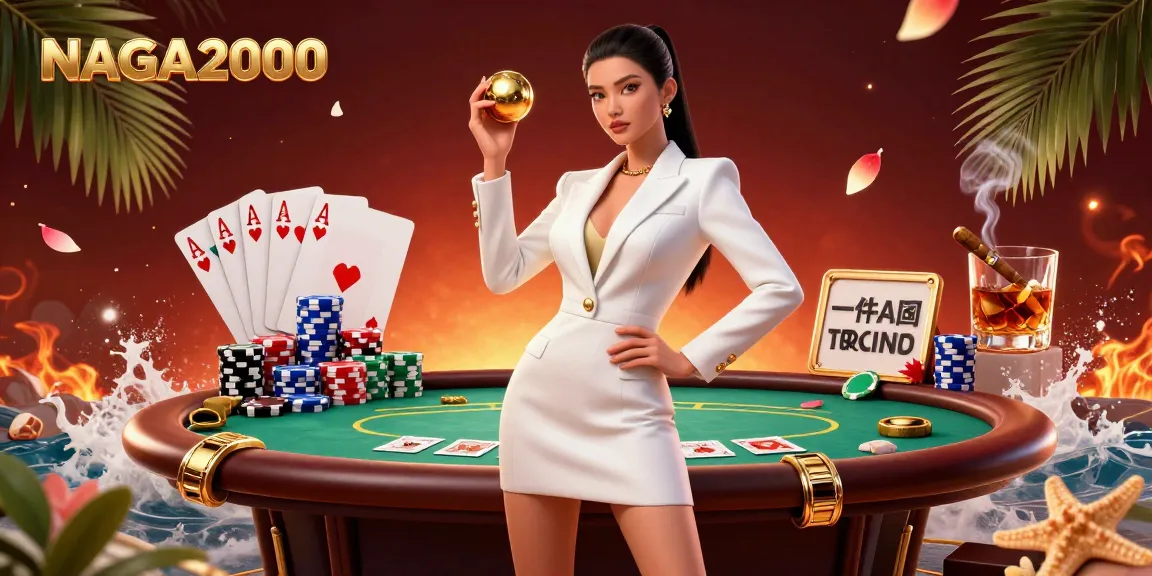 NAGA2000 menawarkan aksi kasino yang hidup diilustrasikan oleh seorang wanita percaya diri dengan elemen poker dan desain mewah.