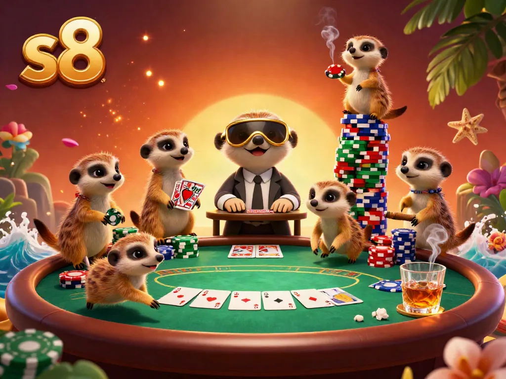 S8 casino scene with meerkats as dealers, colorful chips, and vibrant poker game action.