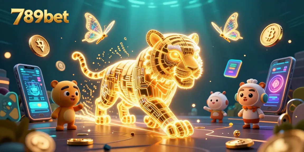 Engage with 789bet through a vibrant scene featuring a neon golden tiger and crypto elements in a digital casino.