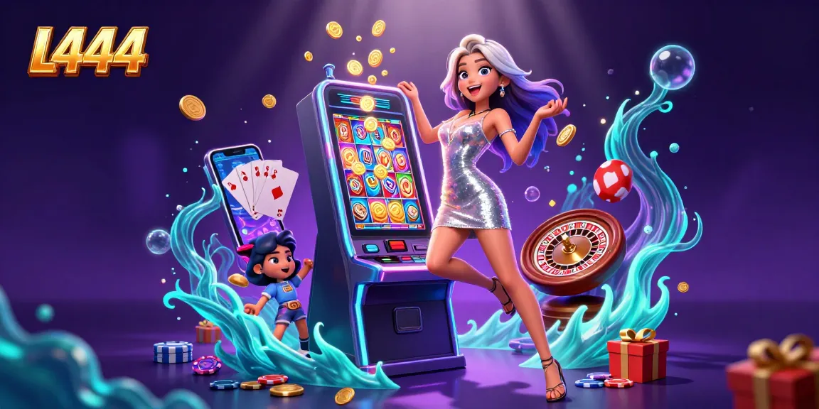 L444 blockbusters with an Asian woman celebrating a slot game jackpot amidst vibrant casino elements.