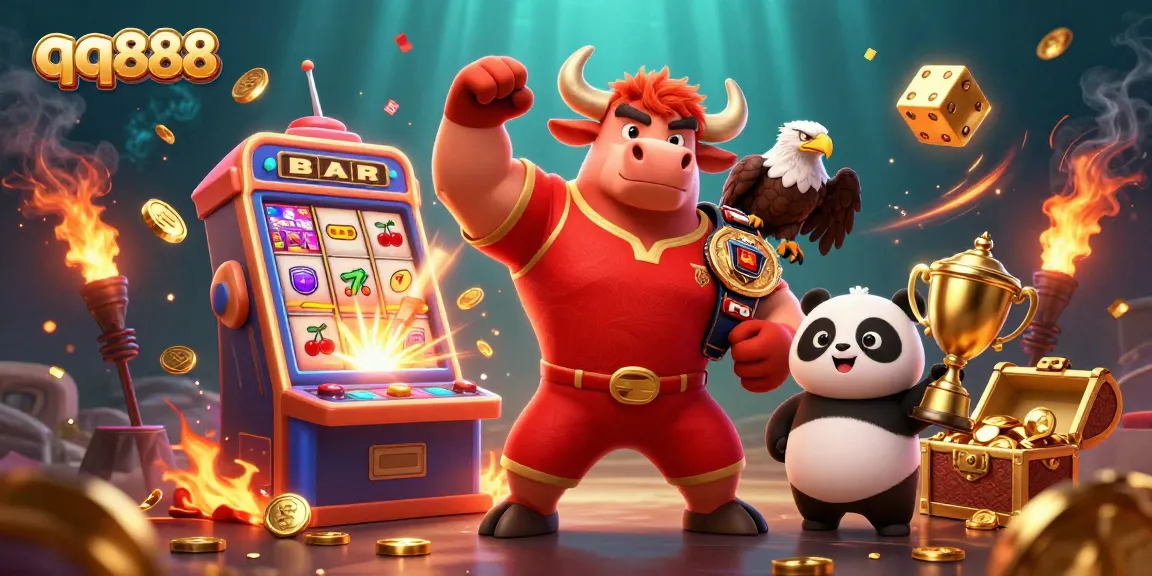 Win with qq888 as the bull mascot celebrates alongside a trophy panda and eagle in a vibrant casino scene