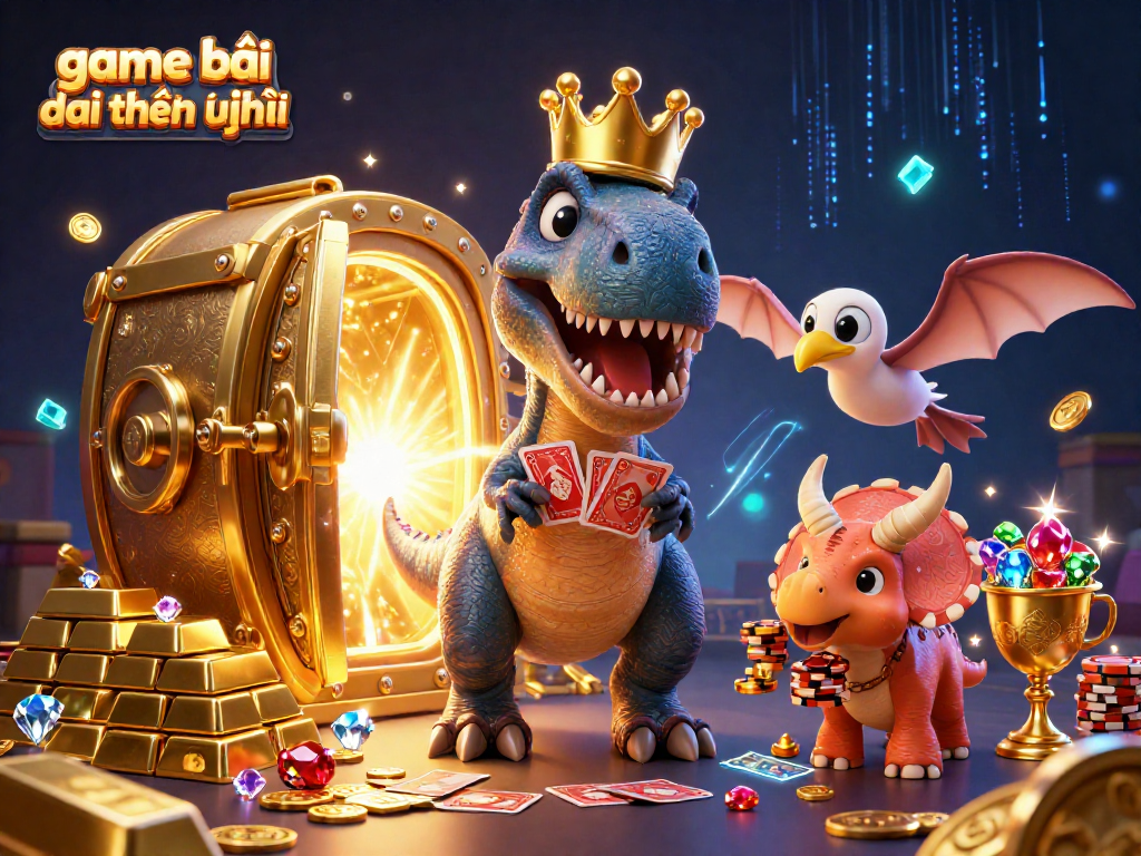 Experience the thrill of game bài đổi thưởng uy tín with fun characters and treasures in this vibrant casino scene.