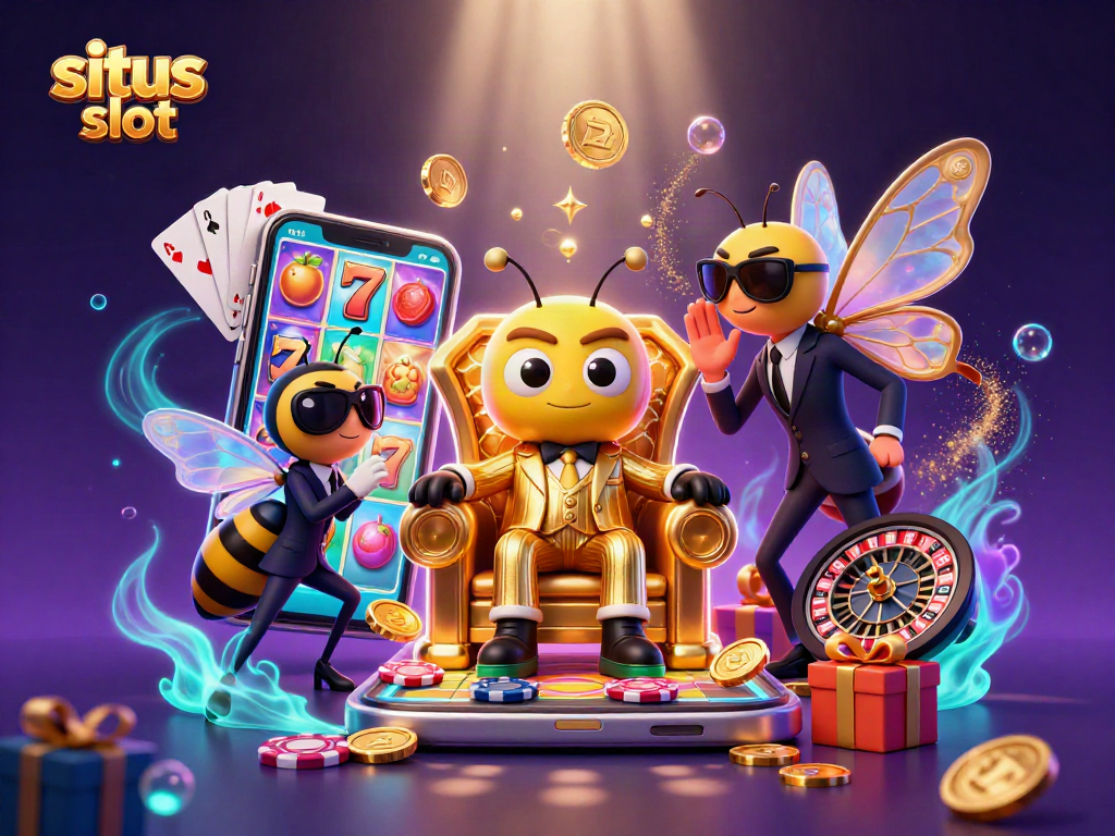 Situs slot action packed scene with a cartoon bumblebee mob boss and dynamic slot elements