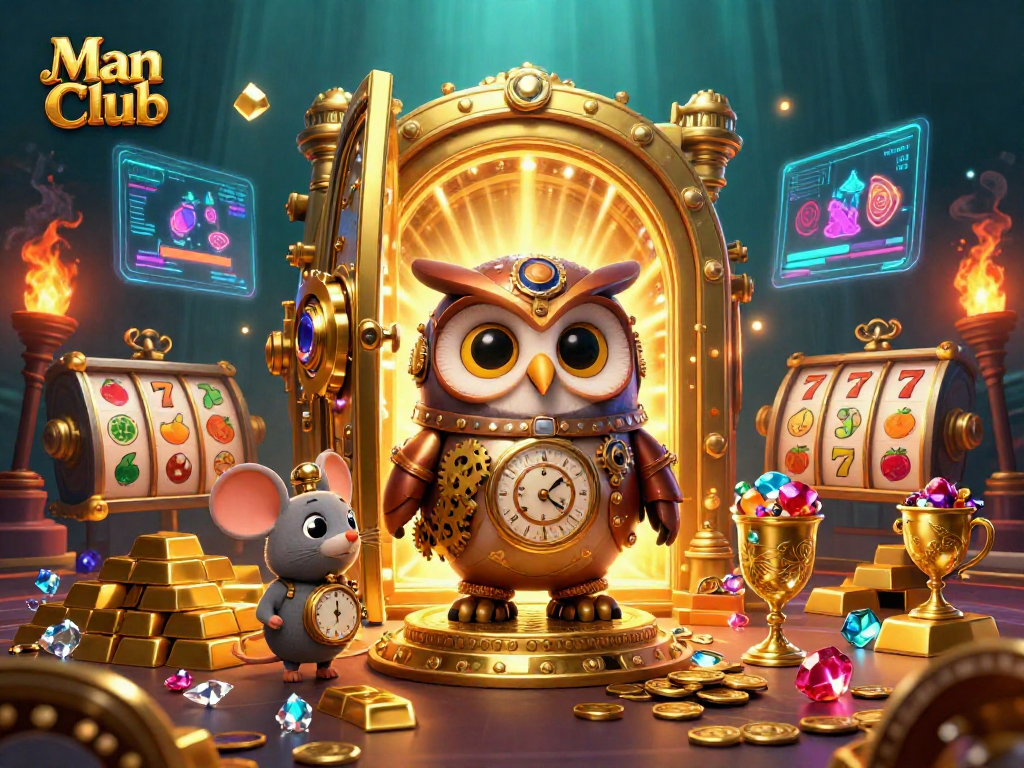 Experience the thrill of the Man Club with a vibrant 3D casino scene filled with treasures and games.