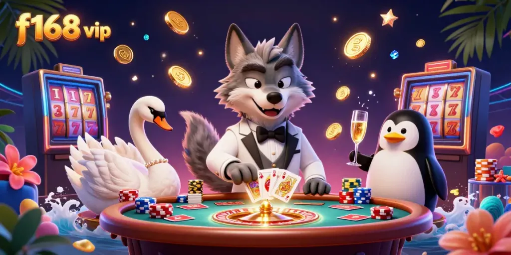 Experience the thrilling ambiance of f168 vip with a debonair wolf and elegant dealers, playing baccarat.
