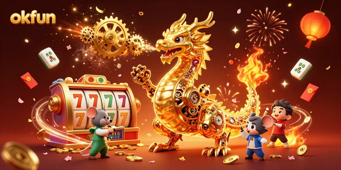 Experience thrilling slots at okfun with a dazzling golden dragon and rich casino elements.
