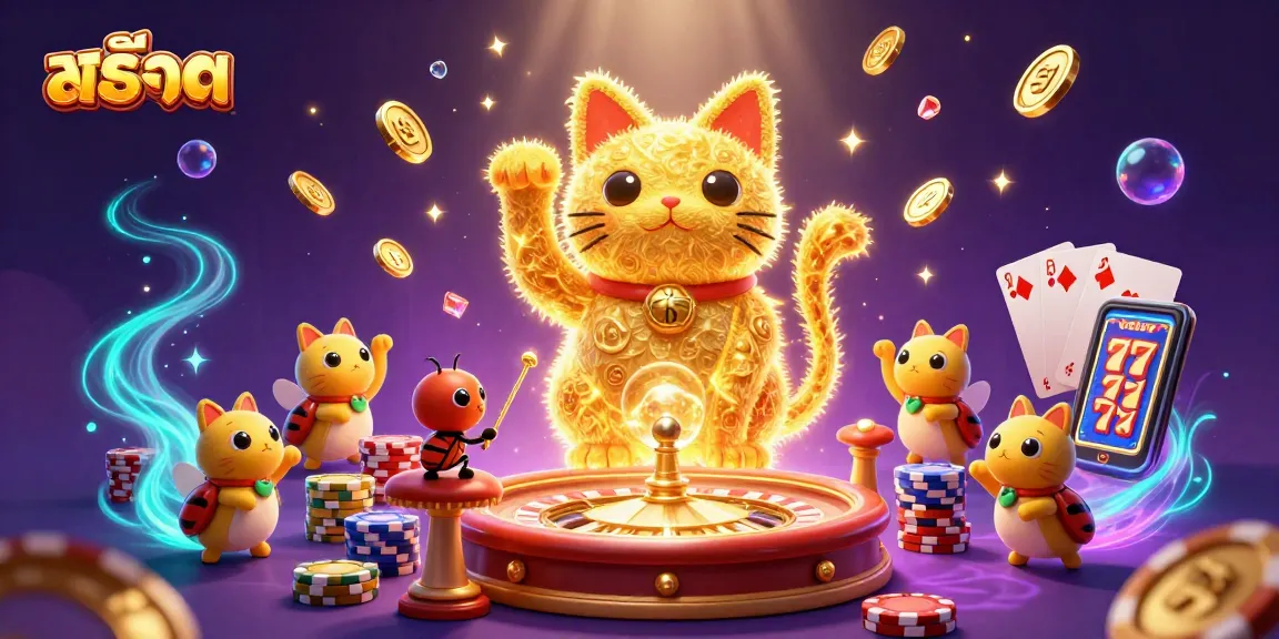 Unleash your luck with สล็อต as golden fireflies form a lucky cat amidst vibrant casino elements.