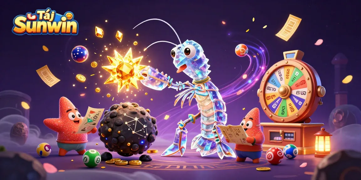 Tải Sunwin and the galactic samurai mantis shrimp amidst a colorful lottery scene bursting with excitement and energy.