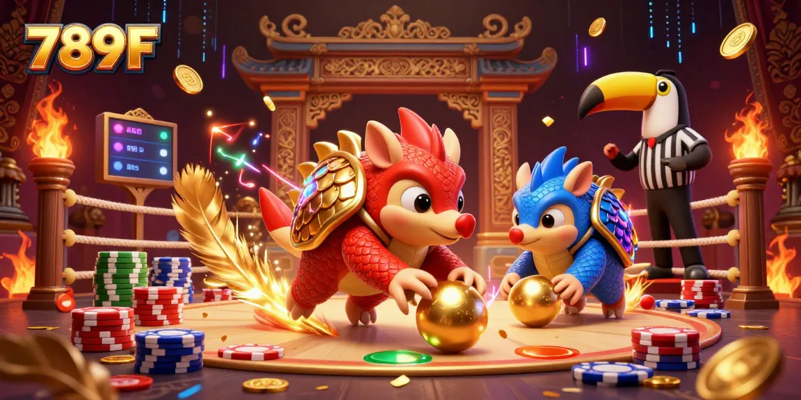 Roll into action with 789F's dynamic casino scene featuring rival pangolins in a vibrant, energetic showdown.