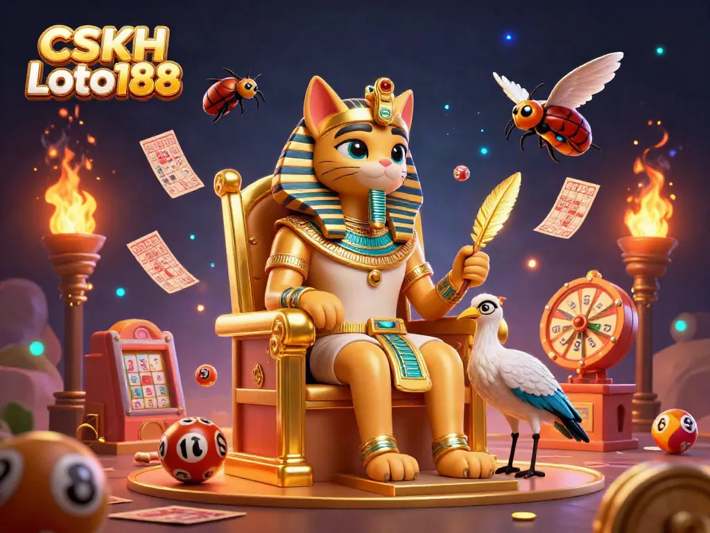 Engage with CSKH Loto188 in a vibrant 3D lottery-themed illustration showcasing an Egyptian pharaoh cat and lottery symbols.