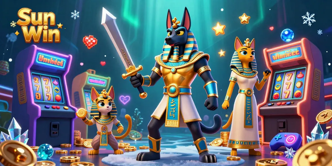 Spin the reels in Sun Win's thrilling casino adventure featuring Anubis and Bastet amidst vibrant gaming elements.