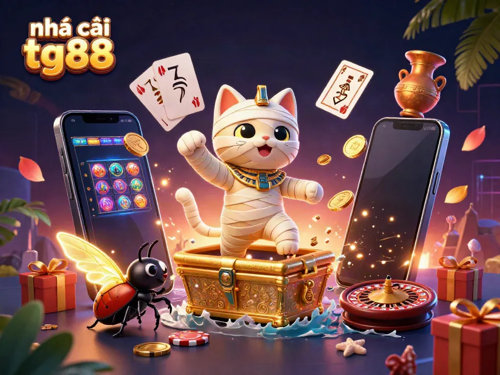 Engage with Nhà cái tg88 in a vibrant 3D illustration featuring a mummy cat and golden casino elements.
